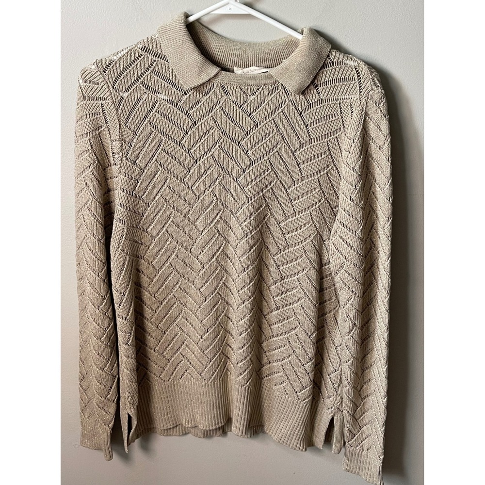 Soft Surroundings Metallic Gold Chevron Knit Polo Sweater Petite casual party